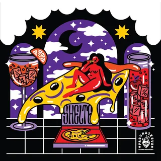 Surreal pizza slice scene with red figure and night sky by Marina Procházka