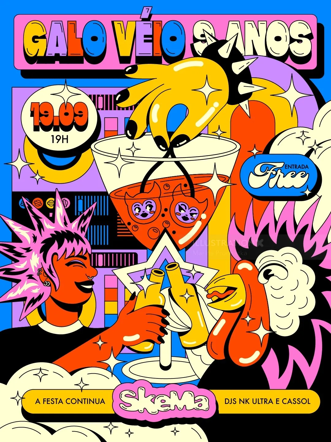 Colorful comic-style event poster by Marina Procházka with musicians and bold lettering