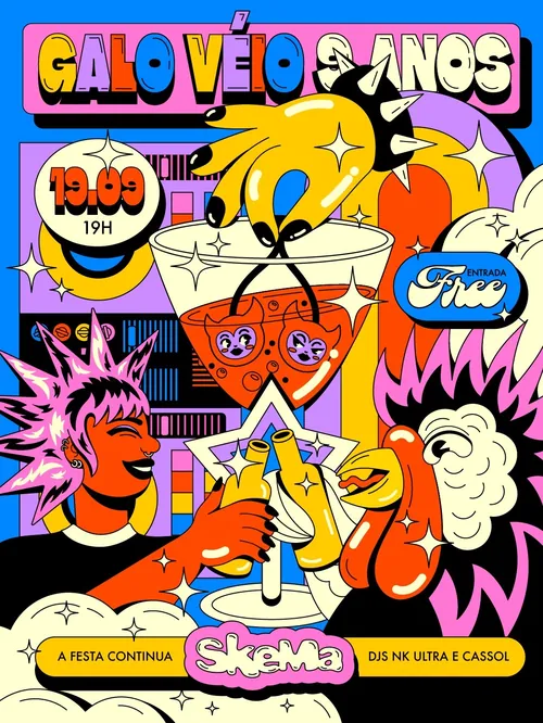 Colorful comic-style event poster by Marina Procházka with musicians and bold lettering