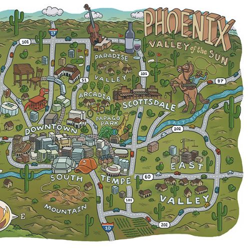Illustrated Phoenix city map covering roads