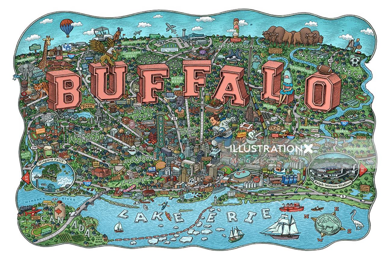 Detailed map illustration of Buffalo city