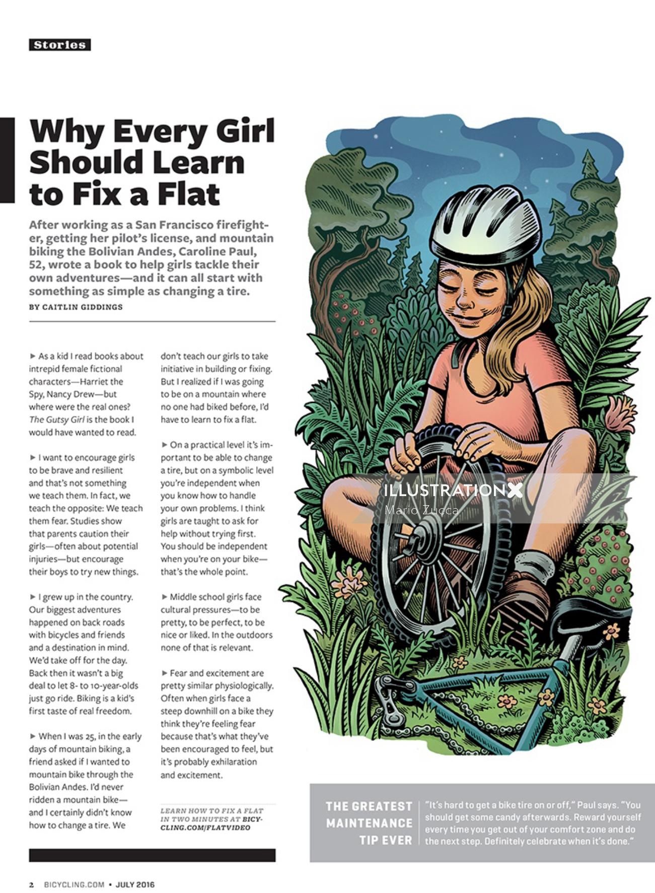 Editorial illustration of fix a flat for Bicycling magazine