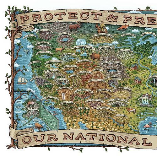 Illustrated map of US National parks