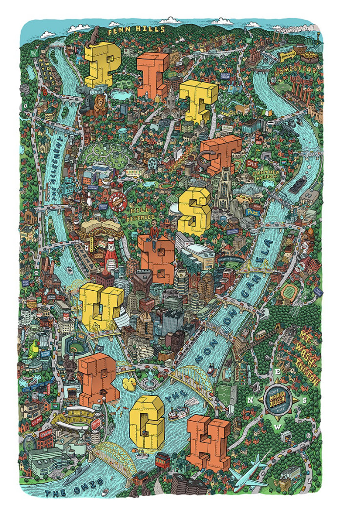 Carte dessinée à la main de la ville de Pittsburgh par Mario Zucca