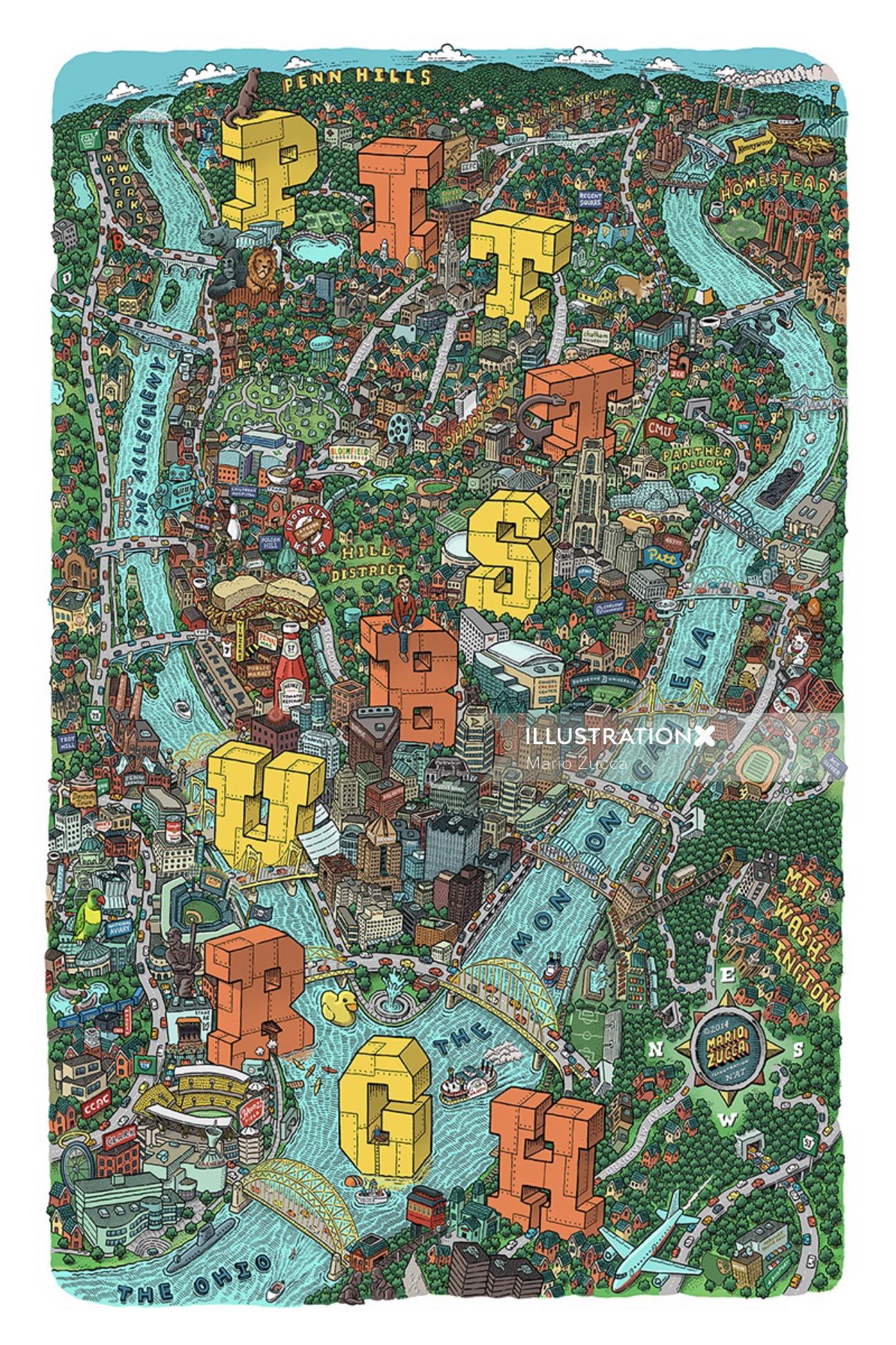 Carte dessinée à la main de la ville de Pittsburgh par Mario Zucca