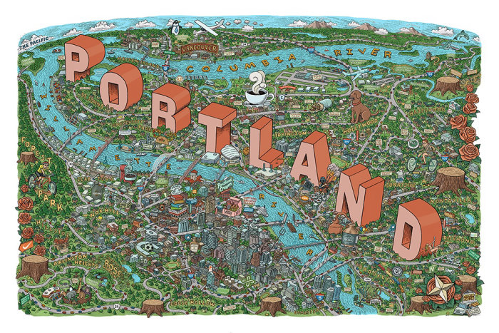 Digital map illustration of Portland city