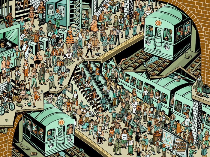 Illustration of crowd in railway station