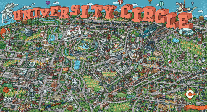 Highly detailed map illustration of University Circle area