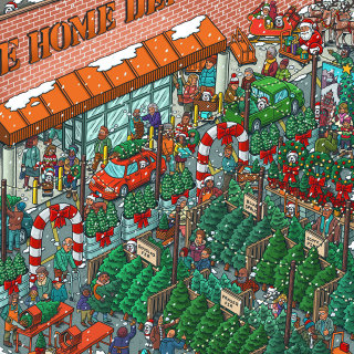 Home Depot holiday seek-and-find map illustration