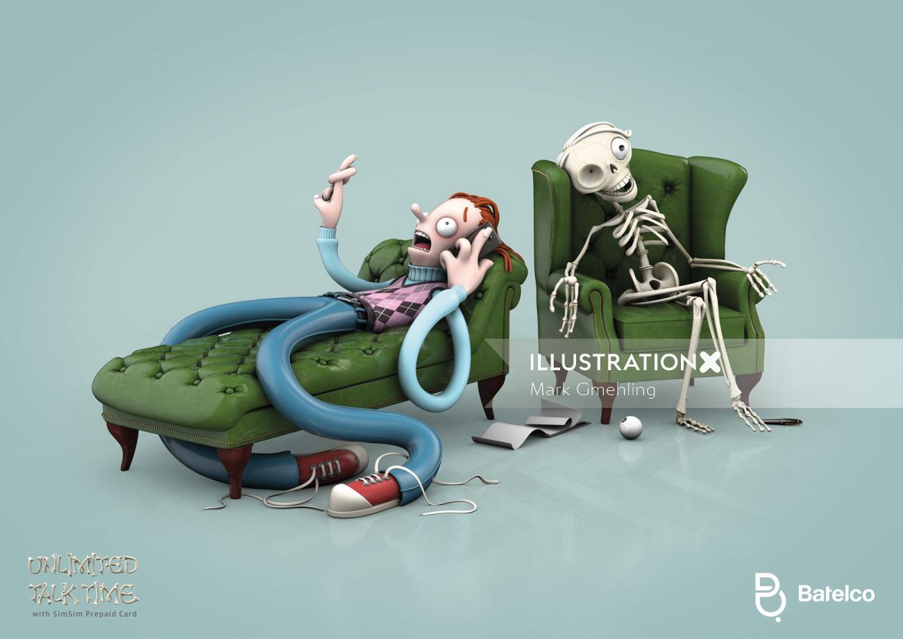3D homem e esqueleto relaxando