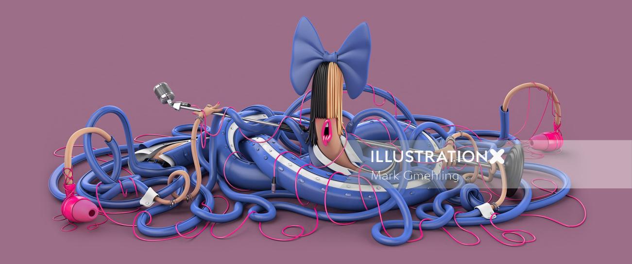 3d CGI blue character with long wires