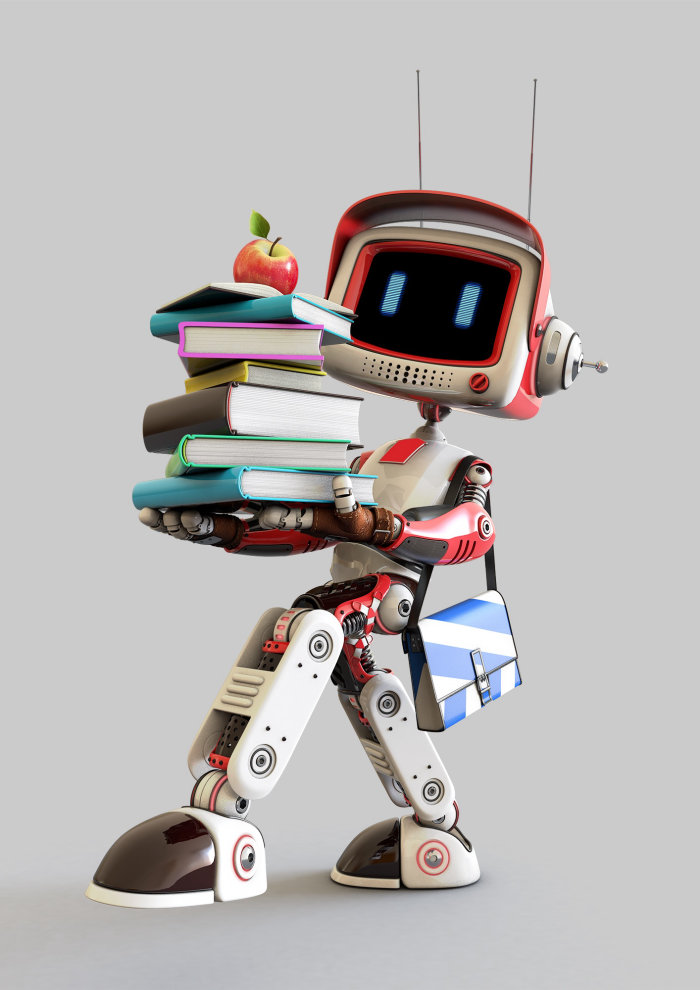 Robô cgi 3D com livros