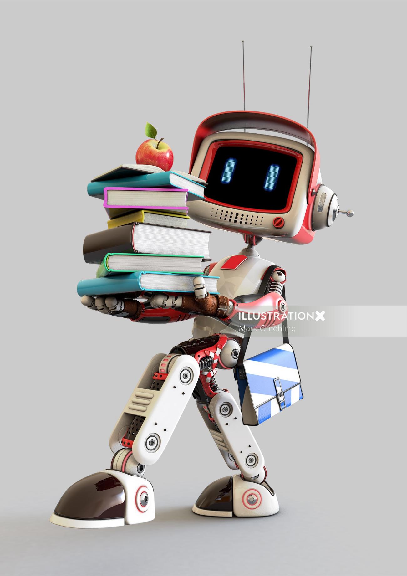 3d cgi robot  with books