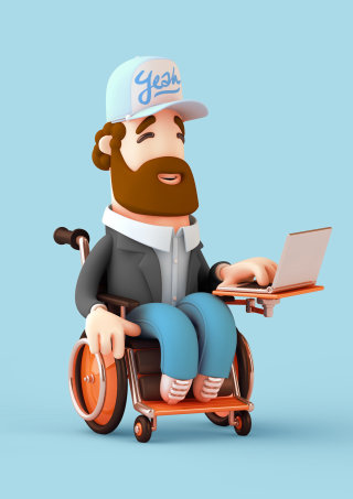坐在轮椅上带笔记本电脑的 3D CGI 男人