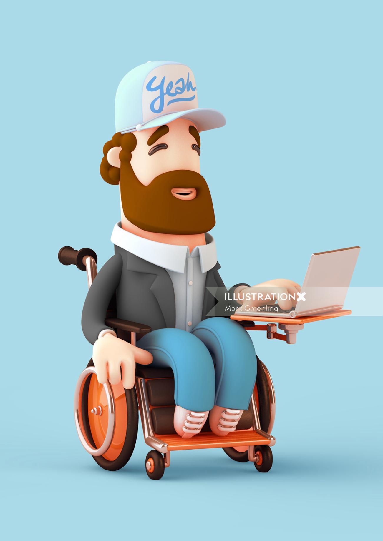 Homem cgi 3D em cadeira de rodas com laptop