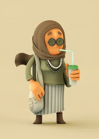 3d cgi old lady drinking juice