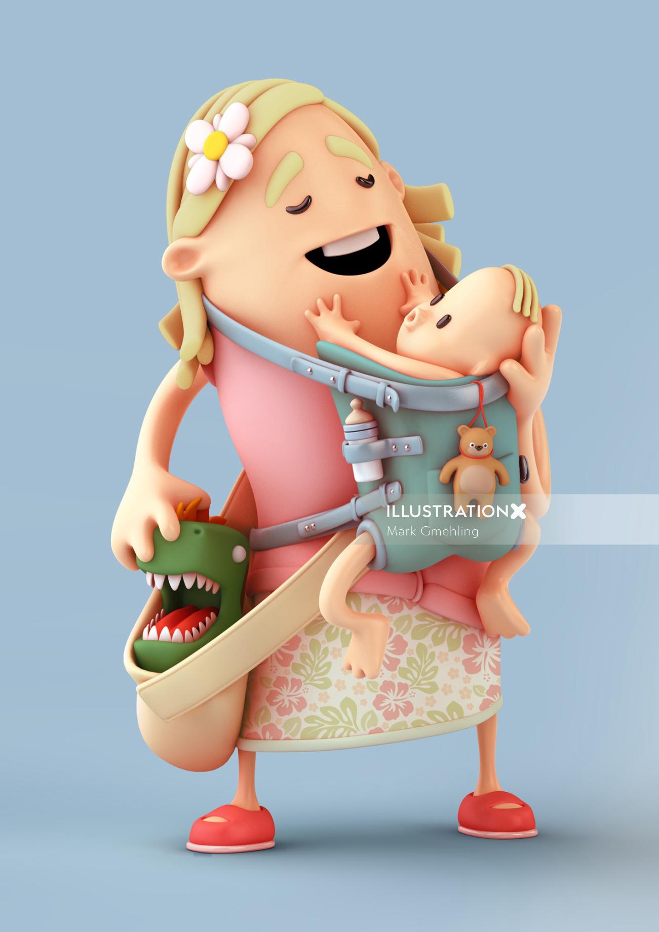 Mulher cgi 3D com bolsa de bebê