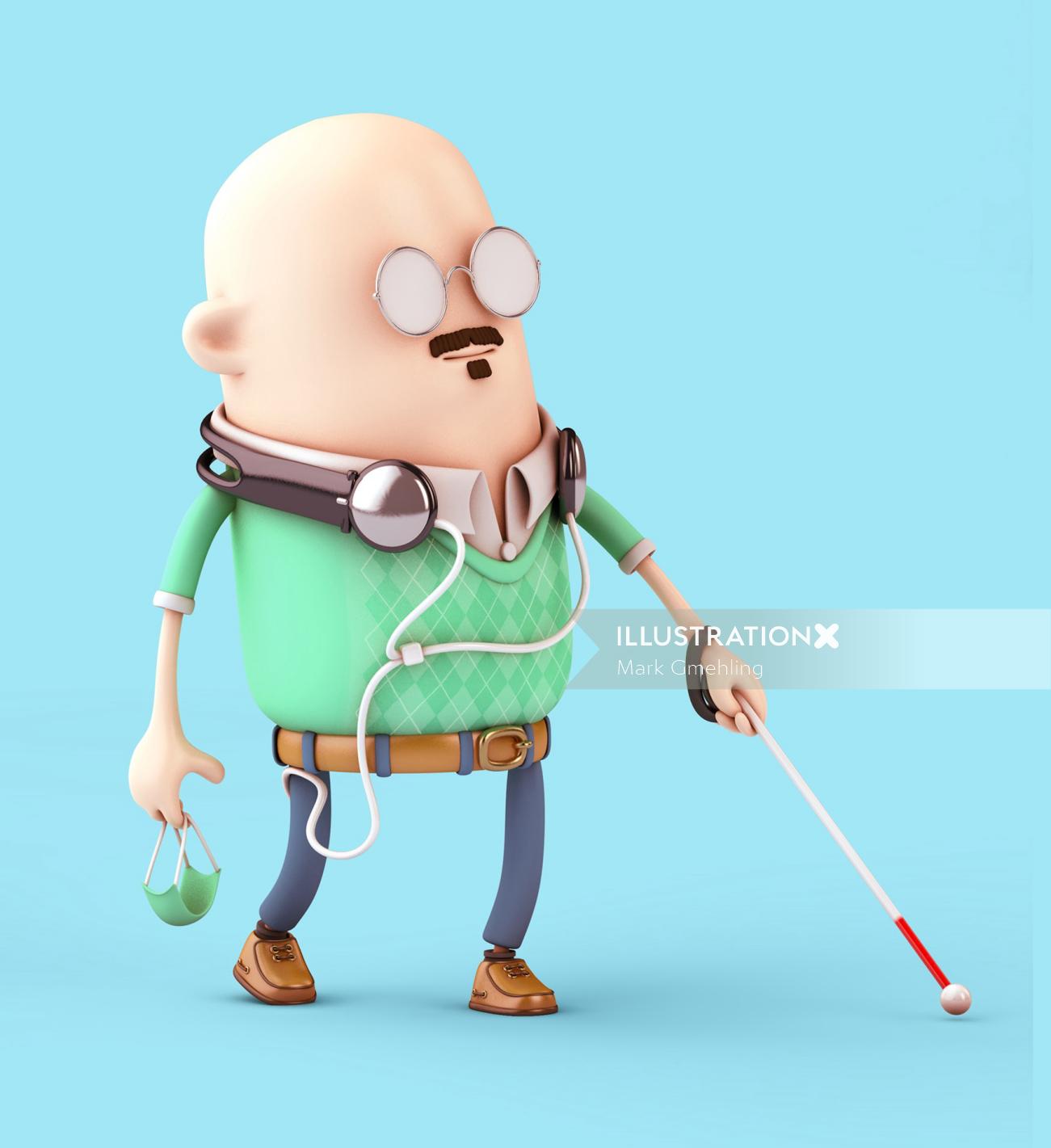 Homem cego 3D cgi caminhando