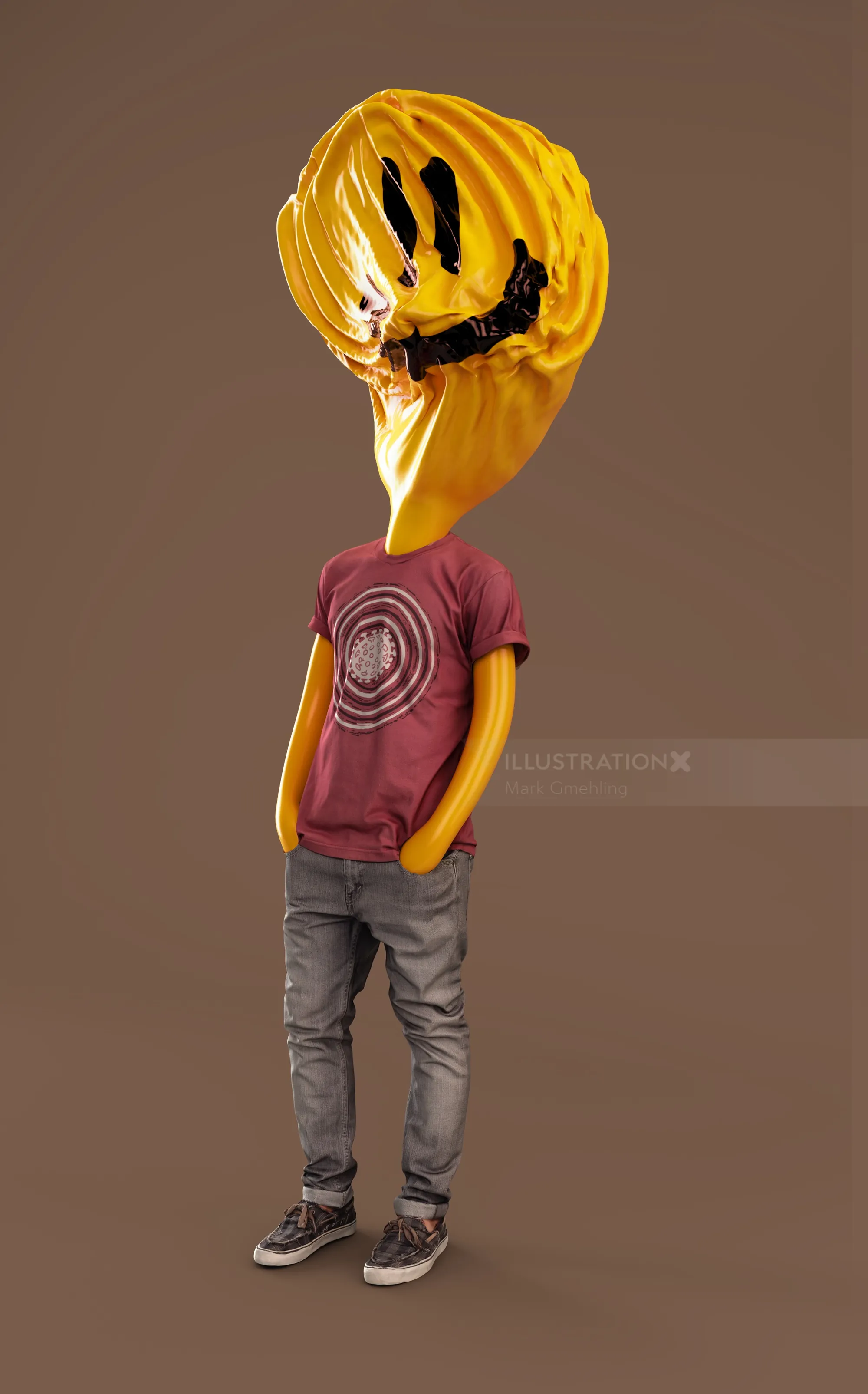 Surreal figure with smiley face balloon head wearing casual clothes by Mark Gmehling