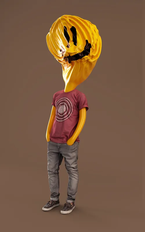 Surreal figure with smiley face balloon head wearing casual clothes by Mark Gmehling