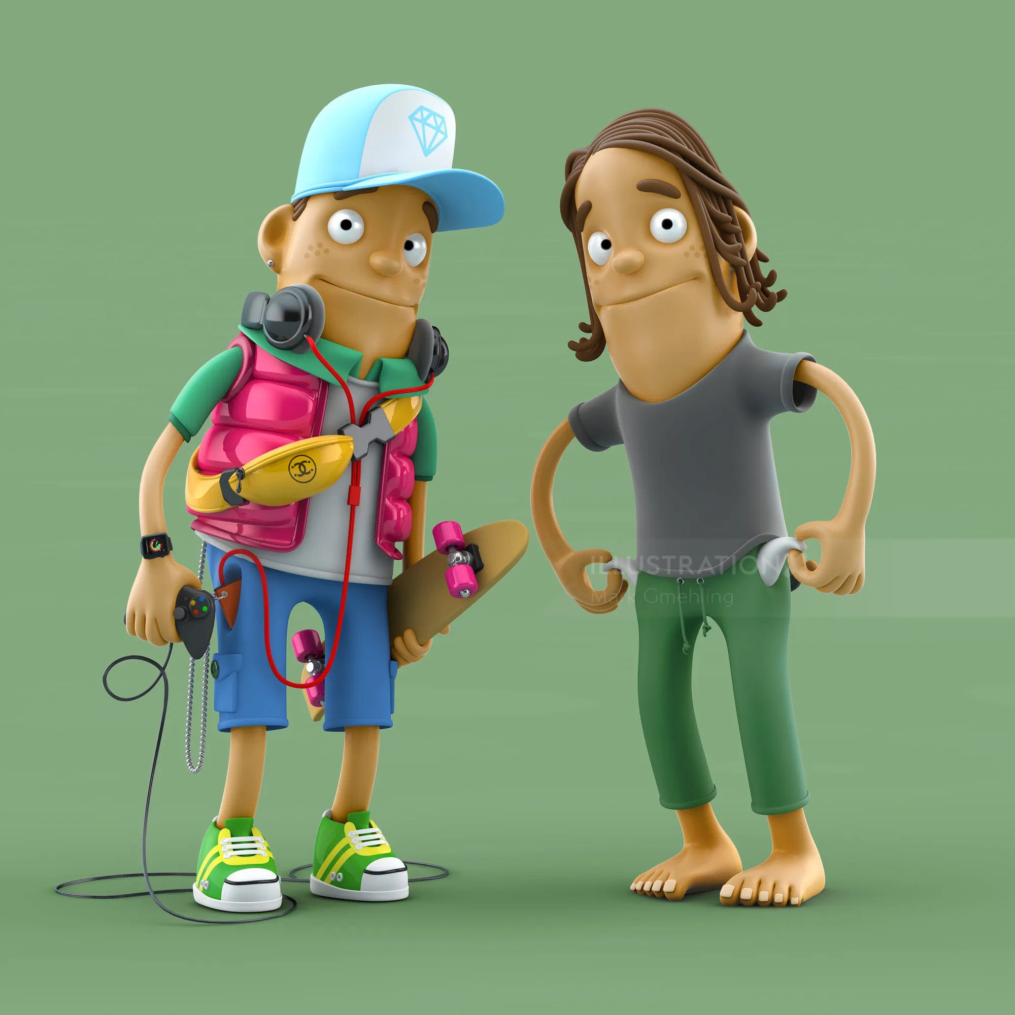 3D cartoon characters with skateboard and headphones by Mark Gmehling