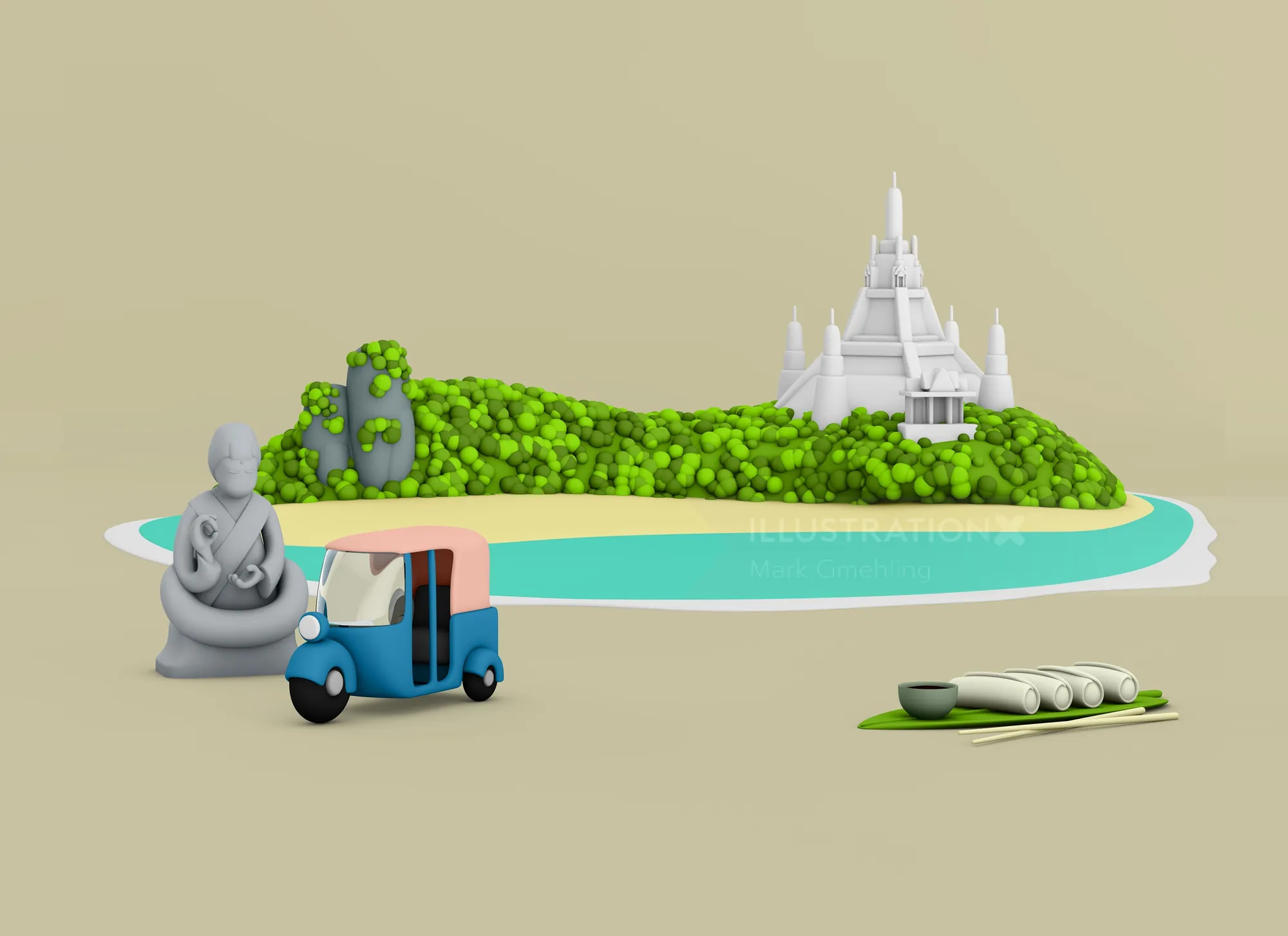3D island scene with a temple, statue, tuk-tuk, and canoe by Mark Gmehling