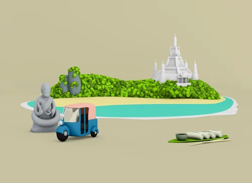 3D island scene with a temple, statue, tuk-tuk, and canoe by Mark Gmehling