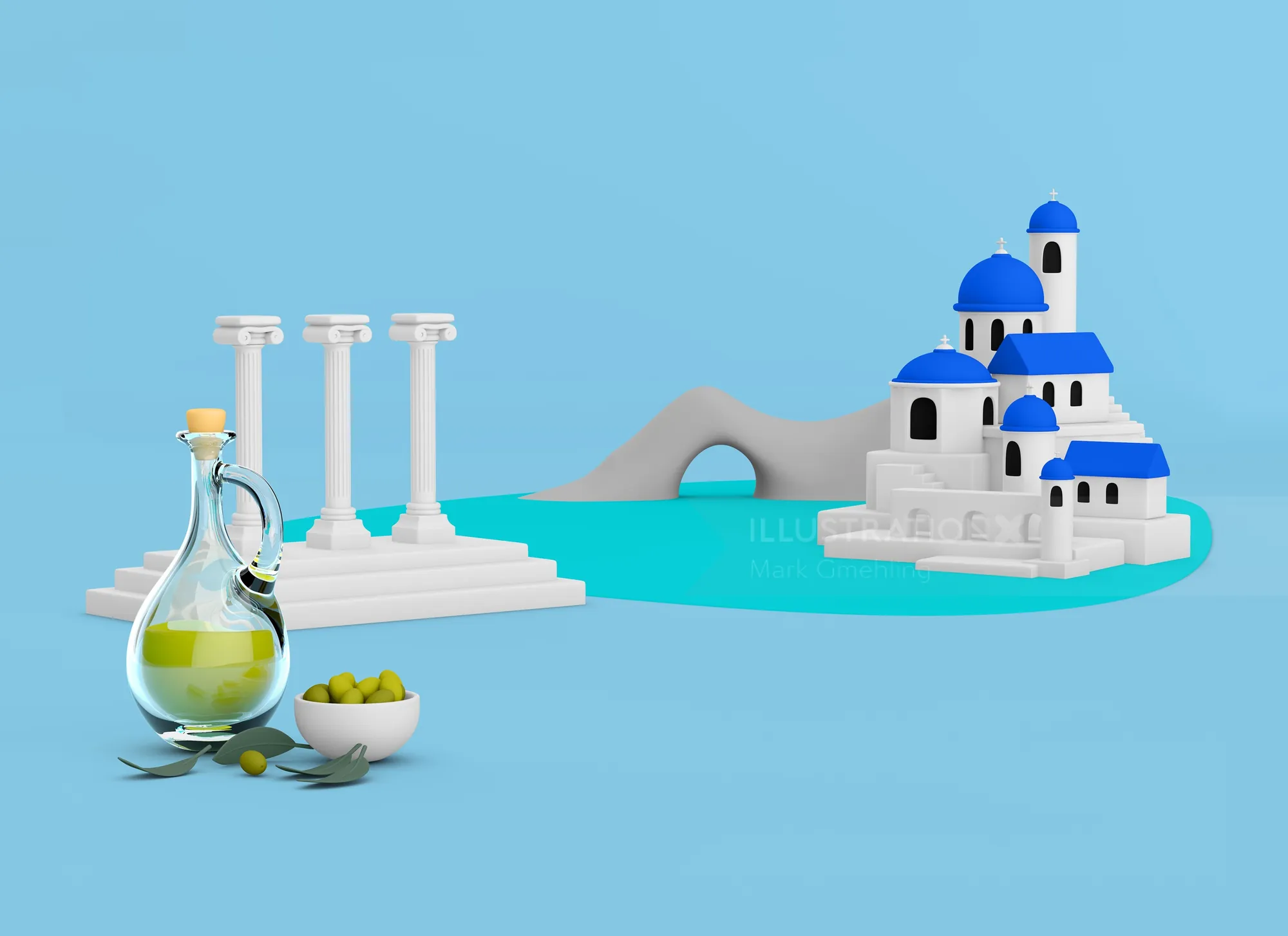 3D Greek miniature with white-blue buildings, columns, olive oil bottle by Mark Gmehling