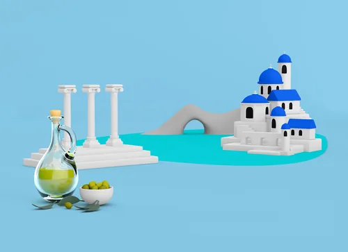 3D Greek miniature with white-blue buildings, columns, olive oil bottle by Mark Gmehling