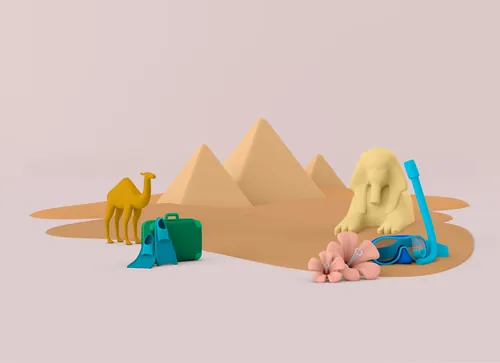 Minimalist desert scene with pyramids, camel, and diving gear by Mark Gmehling