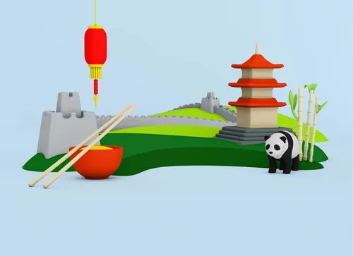 3D Chinese symbols including panda, pagoda, lantern, and bamboo by Mark Gmehling