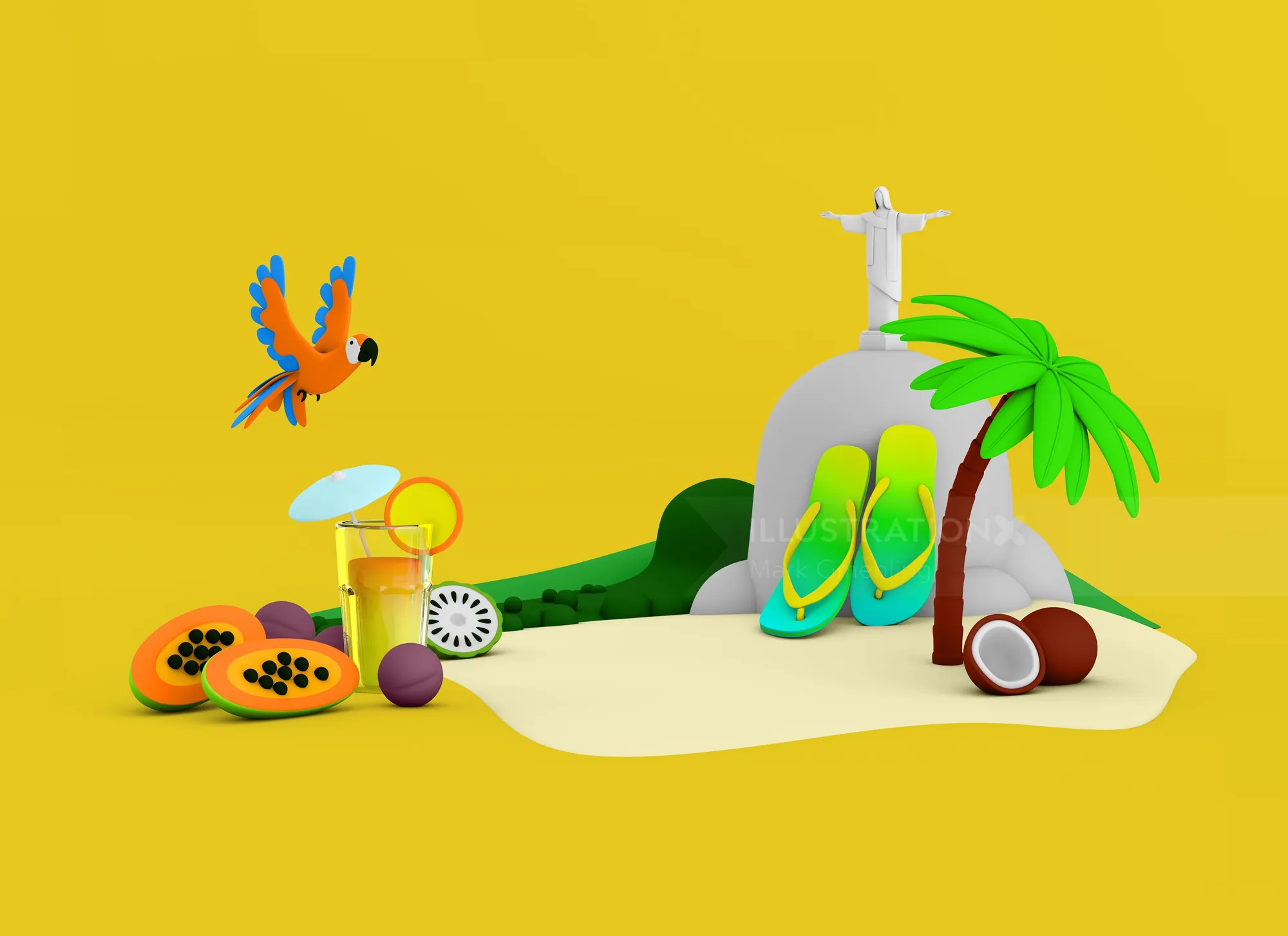 Miniature tropical island with palm tree, flip-flops, fruits, and parrot by Mark Gmehling