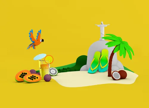 Miniature tropical island with palm tree, flip-flops, fruits, and parrot by Mark Gmehling