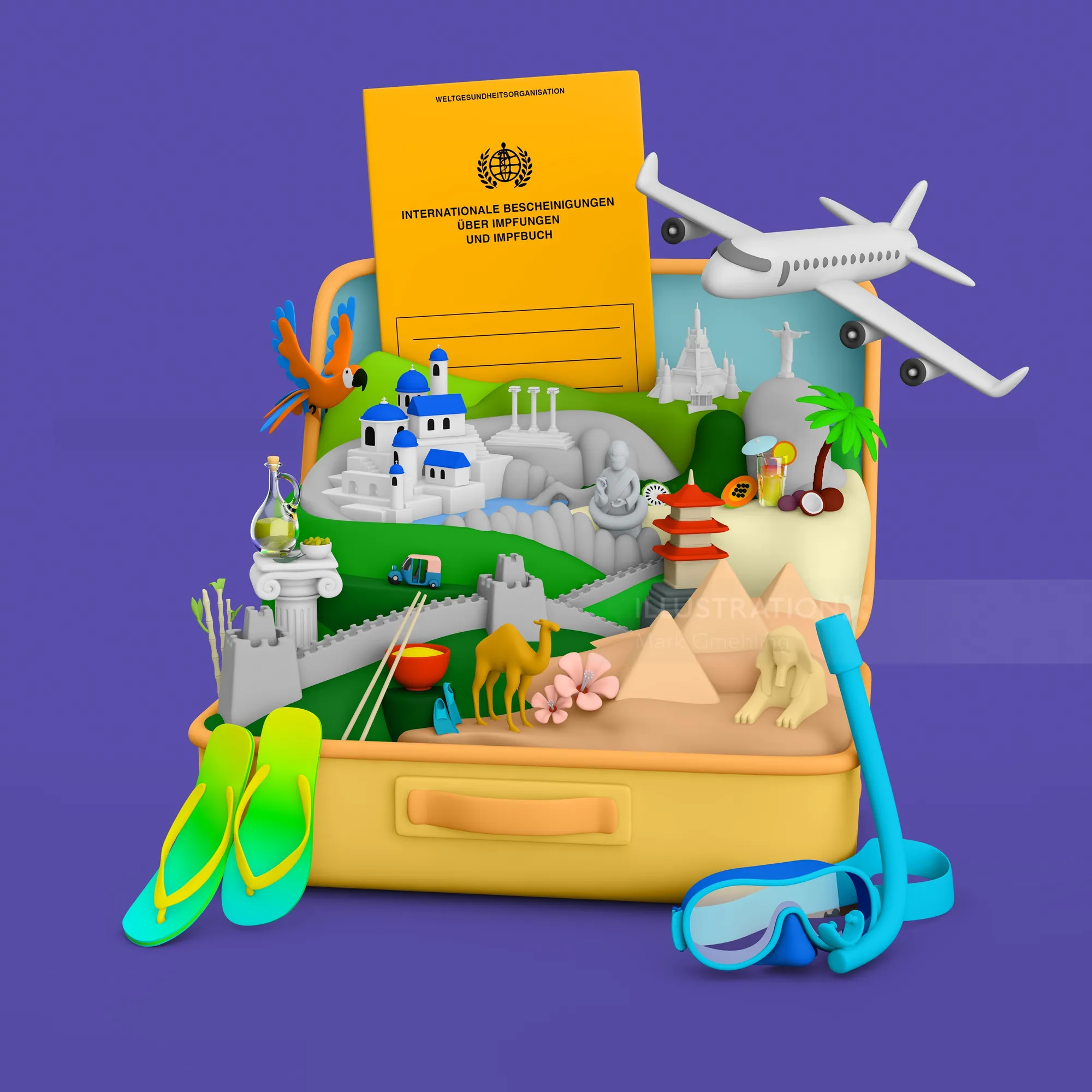 Travel icons in suitcase including pyramids, Greek architecture, airplane, snorkeling gear by Mark G