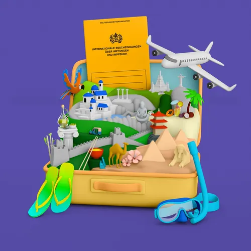 Travel icons in suitcase including pyramids, Greek architecture, airplane, snorkeling gear by Mark G