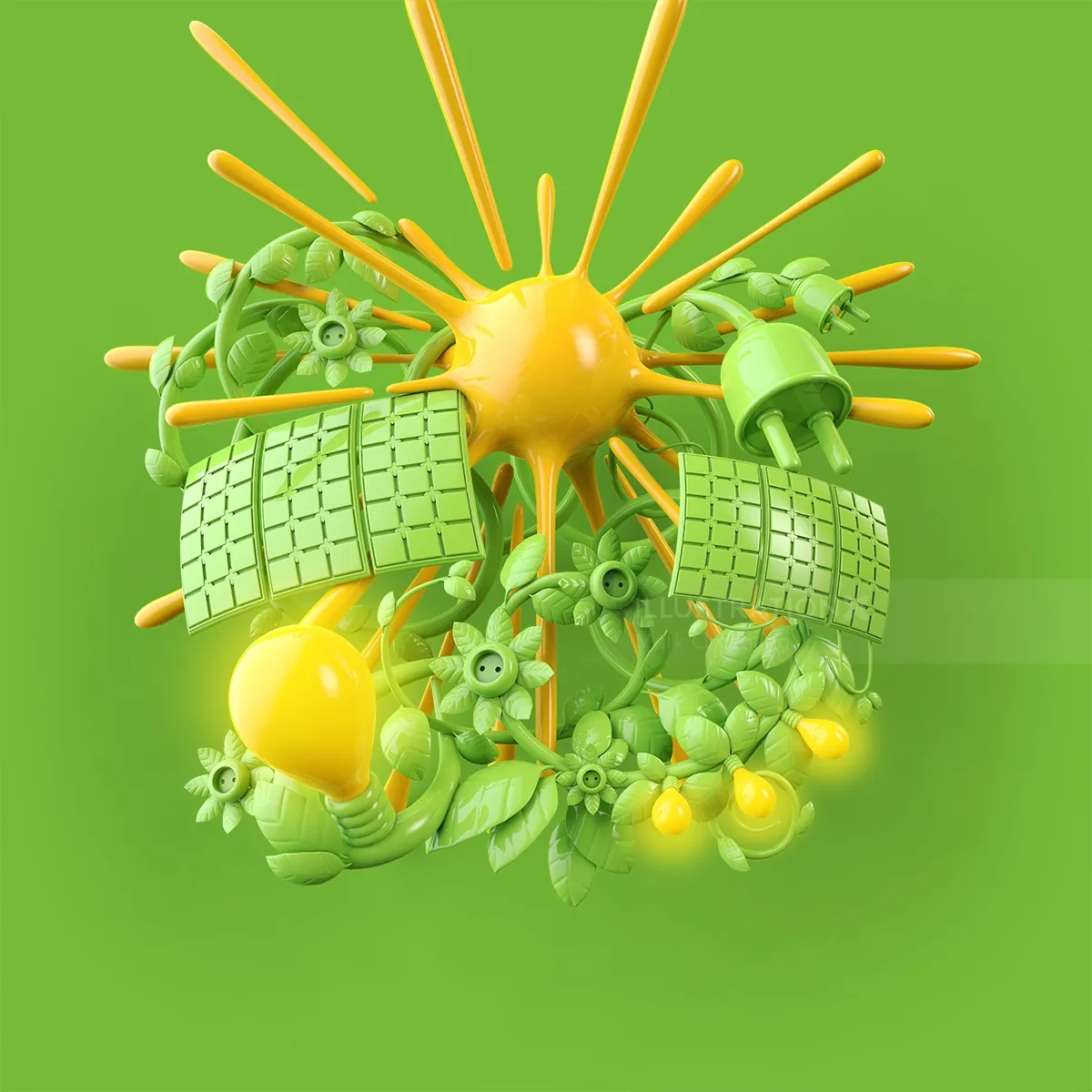 Green energy concept with solar panels, light bulbs, and power plug
