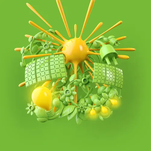 Green energy concept with solar panels, light bulbs, and power plug
