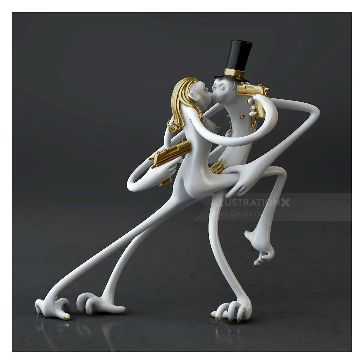 Abstract white and gold sculpture of dancing couple with long limbs