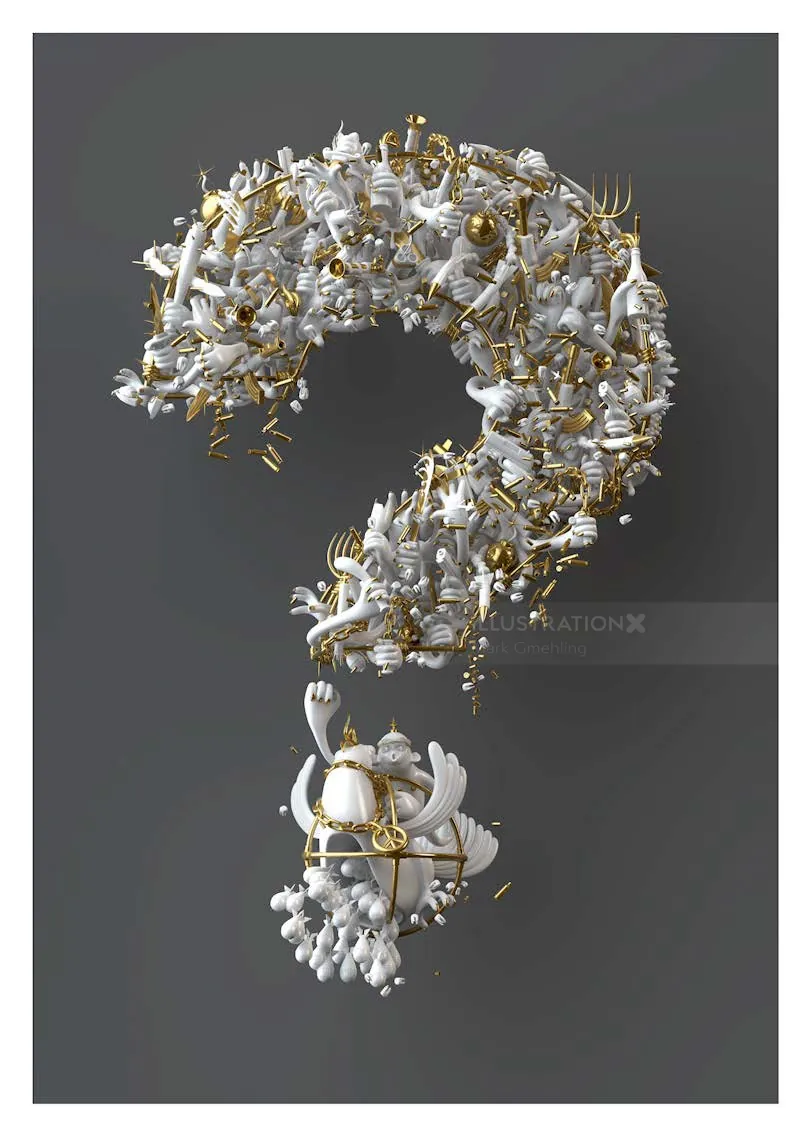 White and gold question mark made of assorted objects on gray background