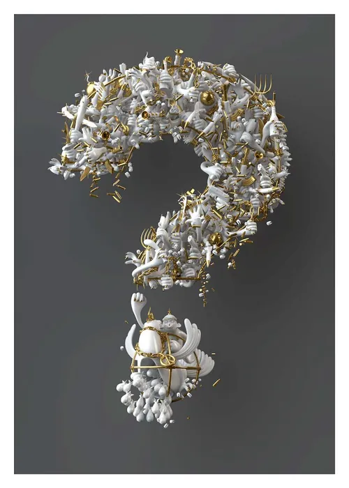 White and gold question mark made of assorted objects on gray background