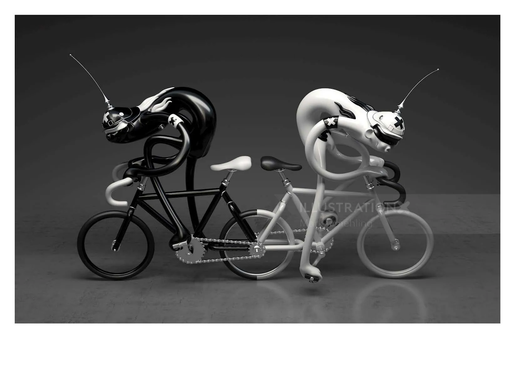 Black and white chameleon sculptures riding a tandem bicycle in surreal style.