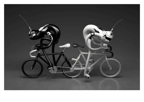 Black and white chameleon sculptures riding a tandem bicycle in surreal style.