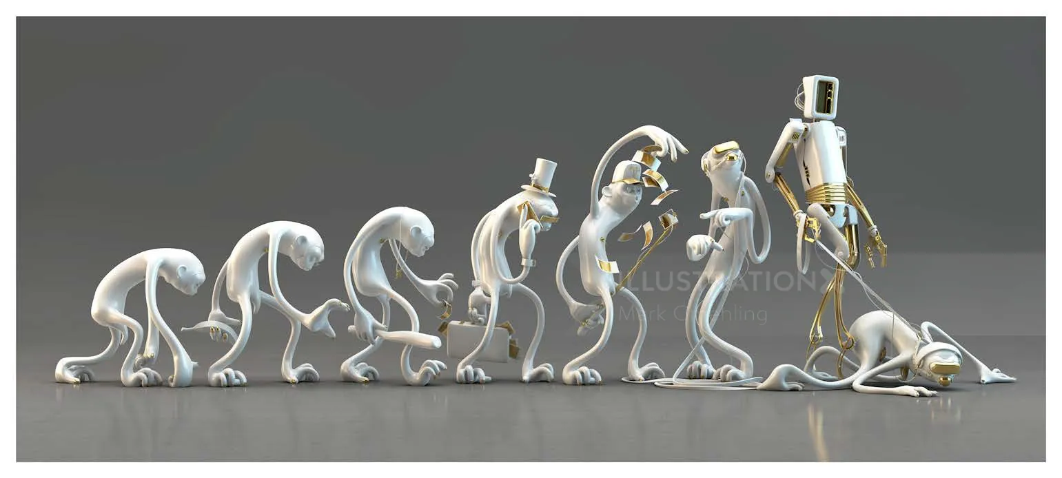Sculpture showing human evolution from ape to robot and collapse