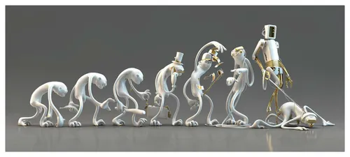 Sculpture showing human evolution from ape to robot and collapse