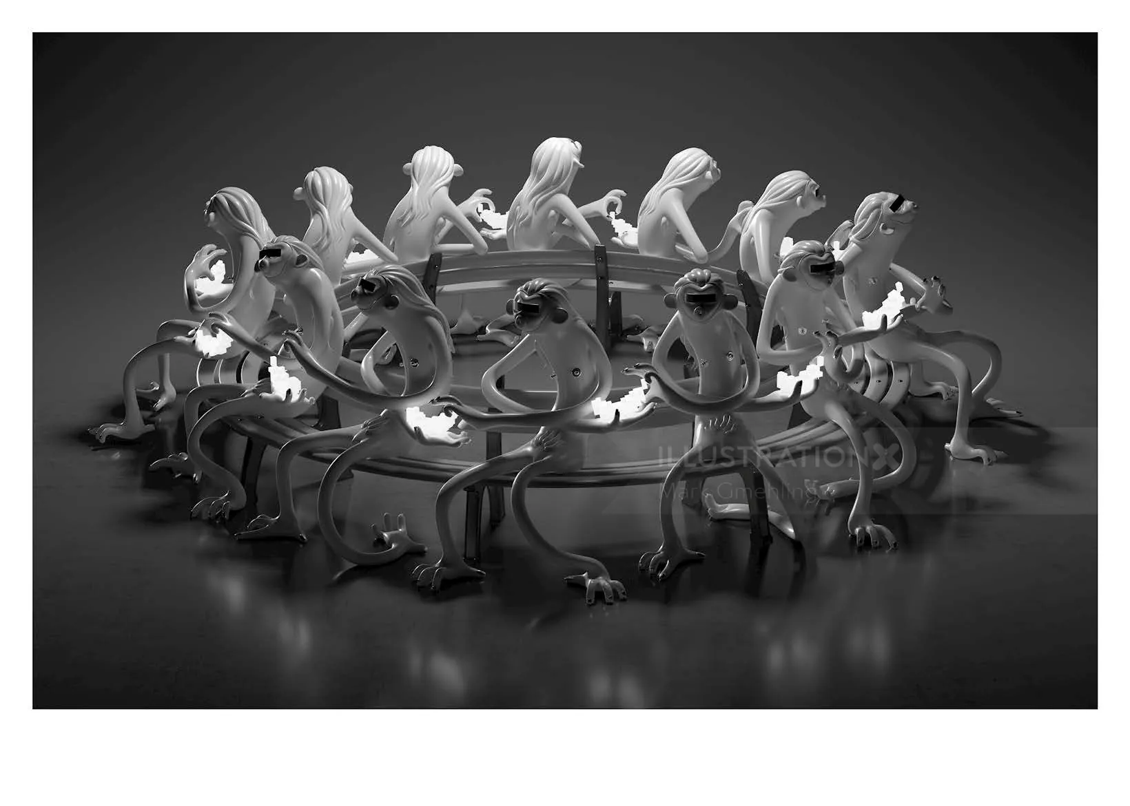 Black and white stylized humanoid figures seated in a circle on stools.