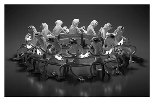 Black and white stylized humanoid figures seated in a circle on stools.