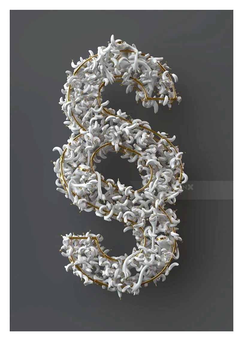 3D paragraph symbol made of white flowers and gold details on gray background