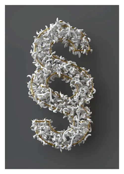 3D paragraph symbol made of white flowers and gold details on gray background