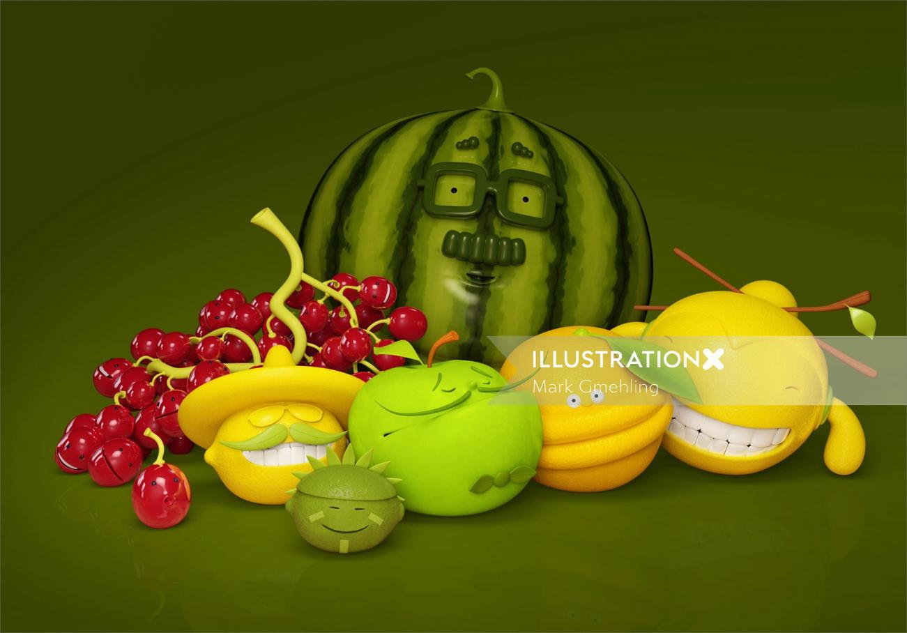 Personagens de frutas em 3D