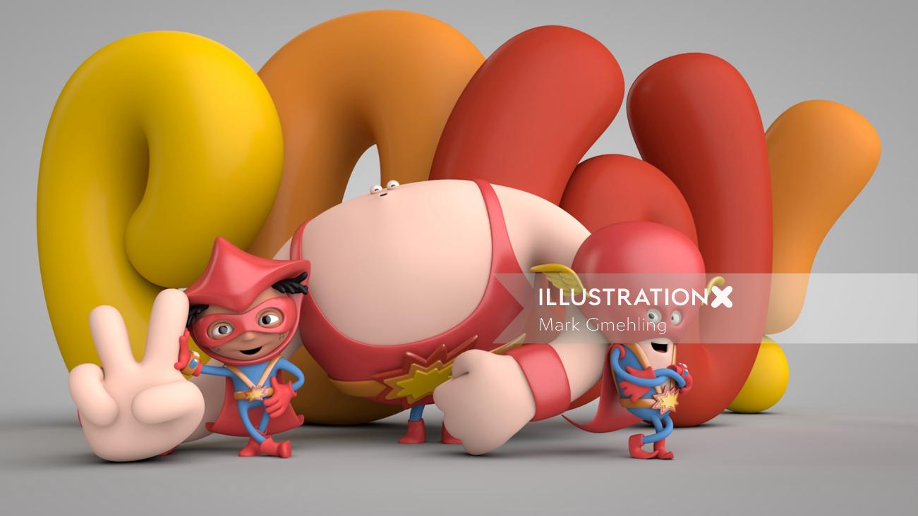 3d characters with lettering
